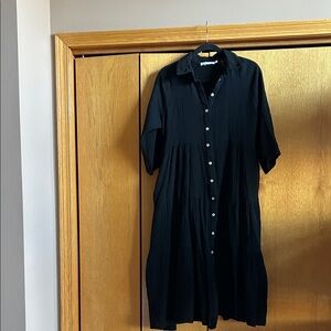 Black Button-Up Dress, cotton gauze, three quarter sleeve, summer dress.